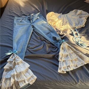 Blue Jeans with White Ruffle Details and matching top with baby blue ribbon